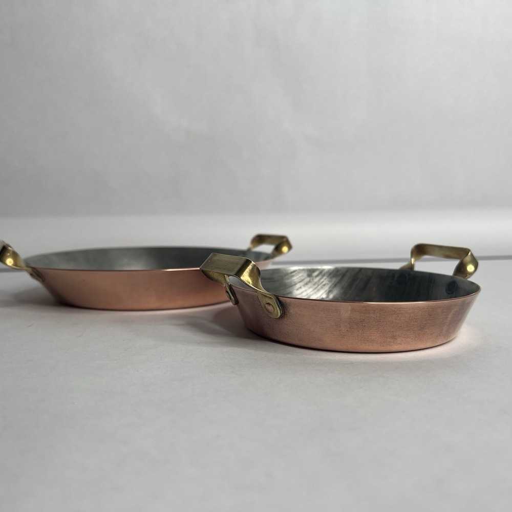 Antique Copper Saute Fry Pan Set Brass‎ Handles 4.5" 6.5" Vtg Rivets Tin Lined